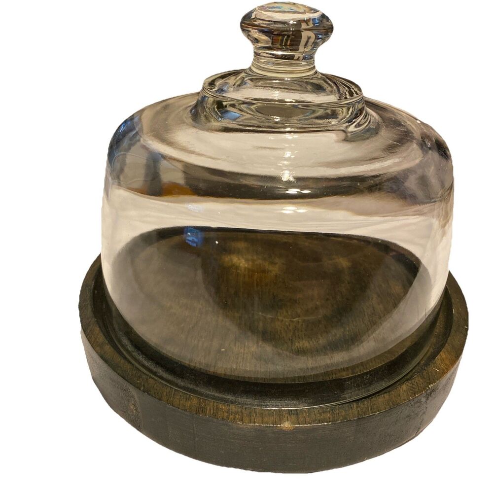 Glass Cheese Dome w/ Wood Green Base Cloche Rustic Farmhouse Decor cake, butter